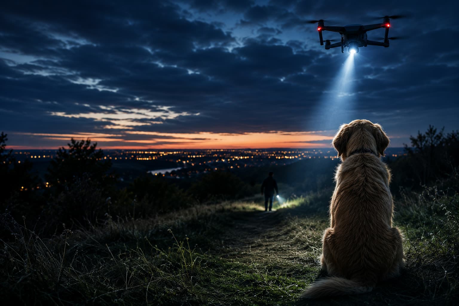 Drone illuminating a hillside during a nighttime pet recovery search