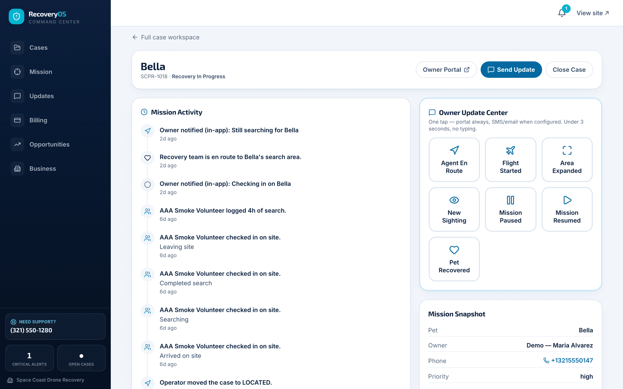 RecoveryOS — Live Mission screen